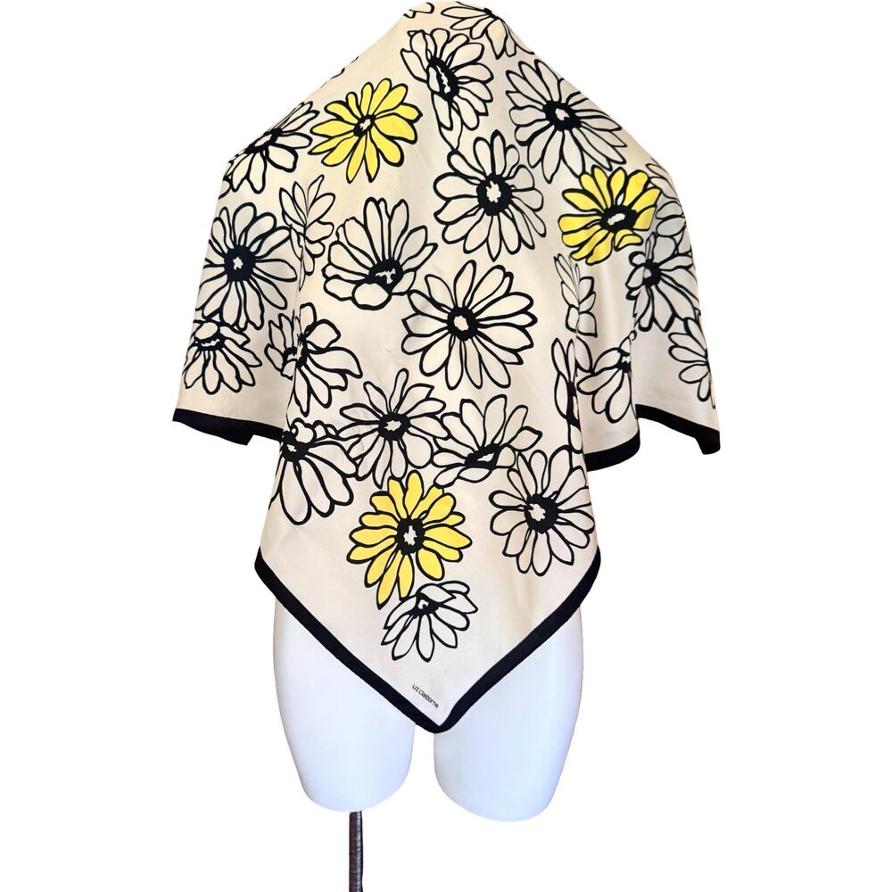 Vintage Liz Claiborne 90s Silk Daisy Print Scarf Black White Yellow 26 Inch - Picture 7 of 14
